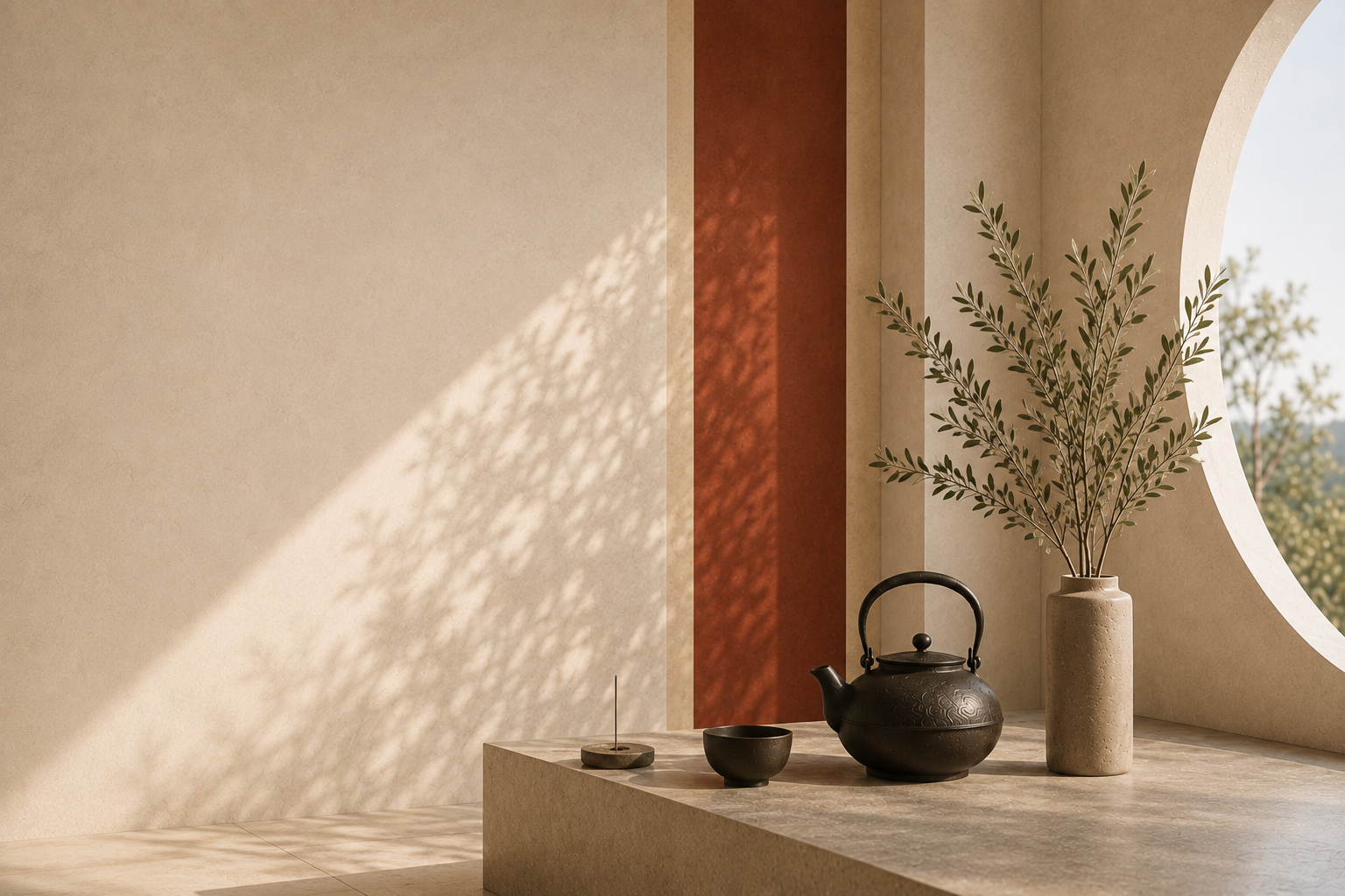 Tea bowl and teapot beside olive branches, a cinnamon architectural panel, and a circular opening