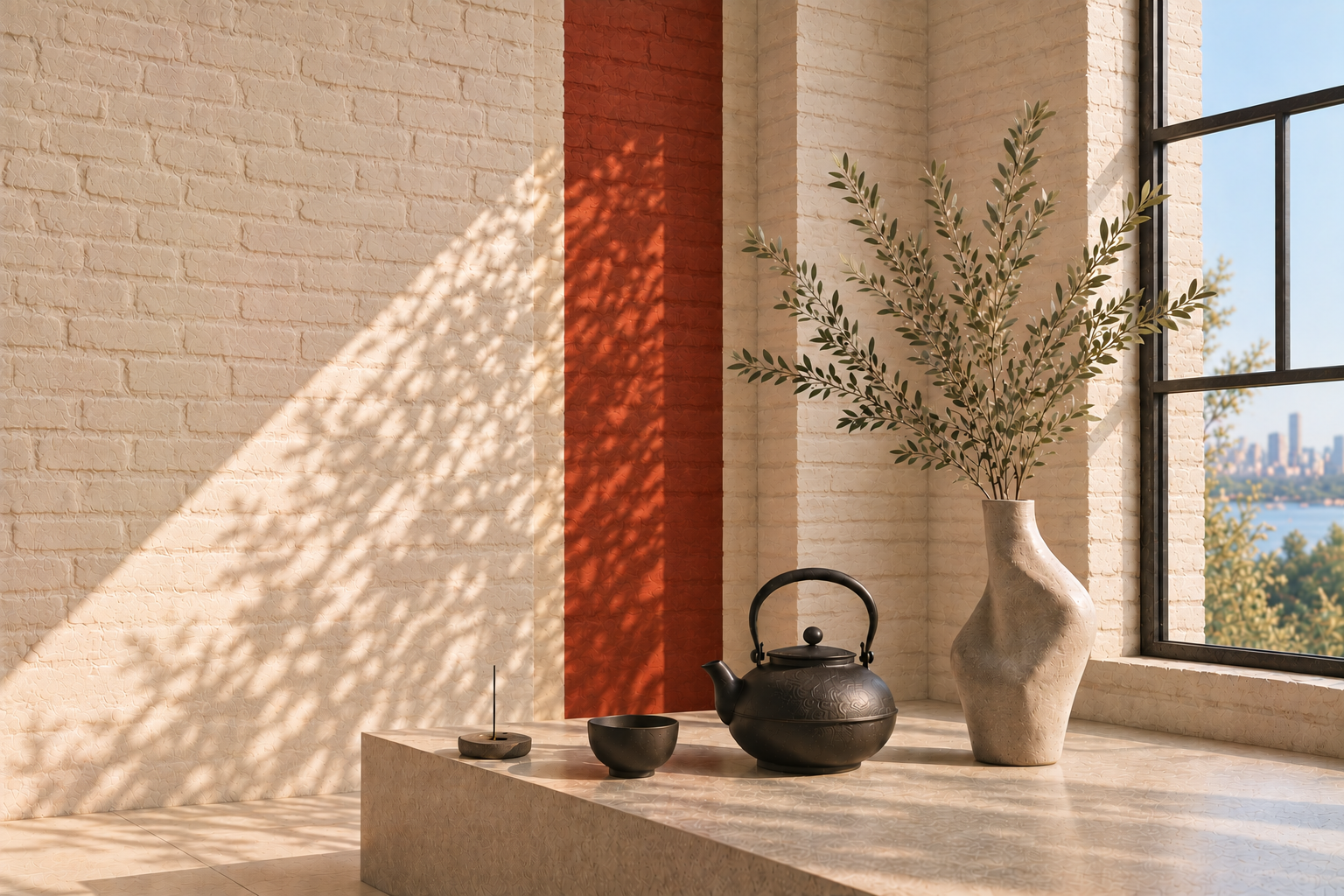Tea bowl and teapot beside olive branches in a sculptural ceramic vase, with a cinnamon wall panel and the New York skyline beyond a black-framed window